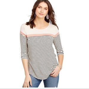 DESIGN LAB Lord & Taylor Striped Block Colour Top W 3/4 Sleeves Ivory/Pink Small